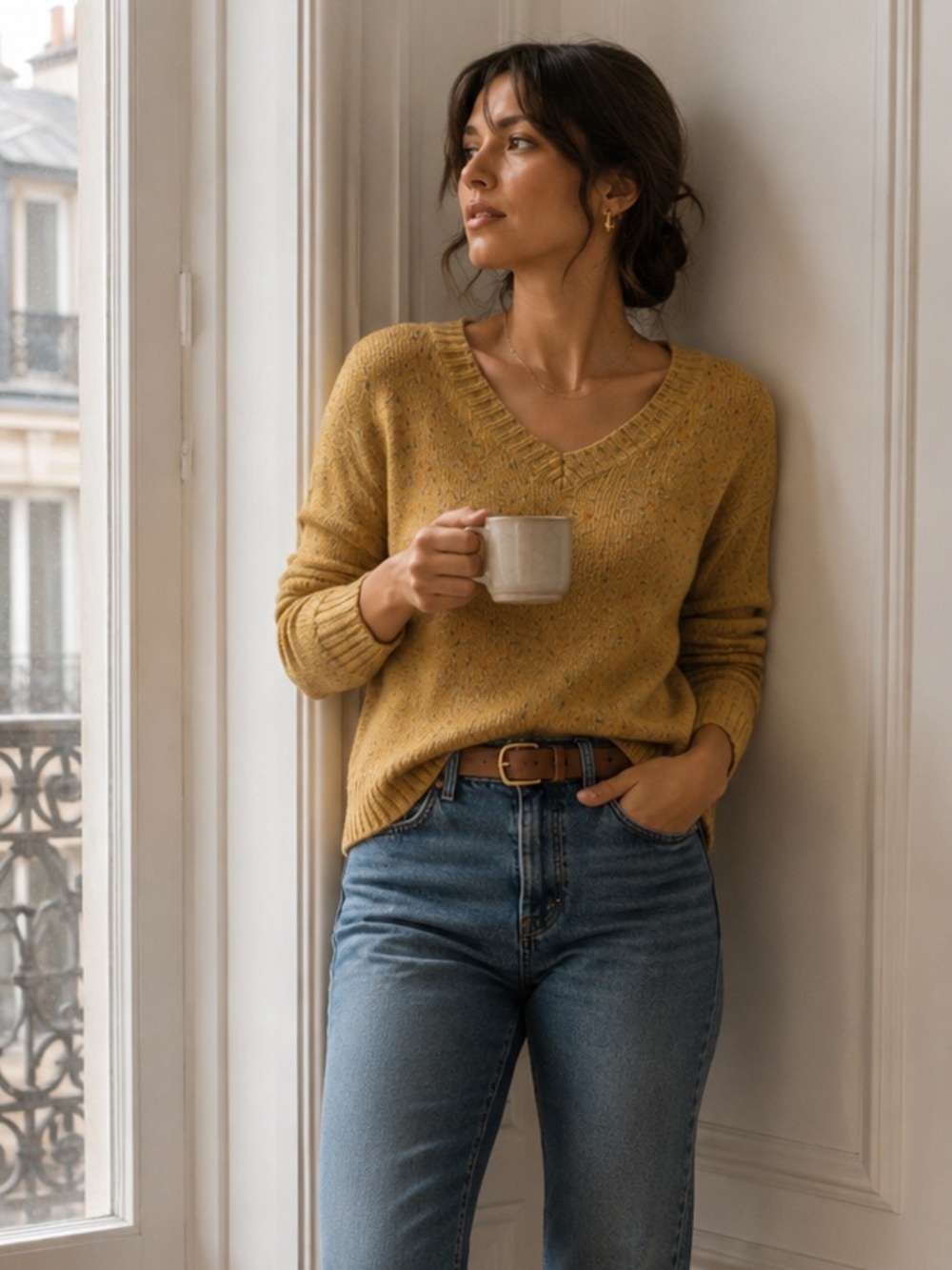 Vintage Gap Mustard Speckled Sweater Large Cozy 100% Wool Casual Fall Knit